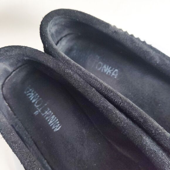 Minnetonka Kilty Black Suede Beaded Thunderbird Boho Moccasins Flats Size 9 - Picture 8 of 11